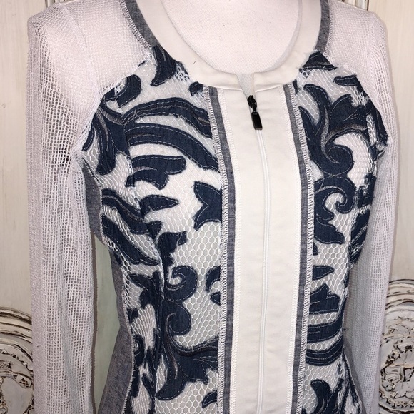 Piccadilly White and Blue Jean Cutout Design with Net Sleeves Jacket - Picture 2 of 11